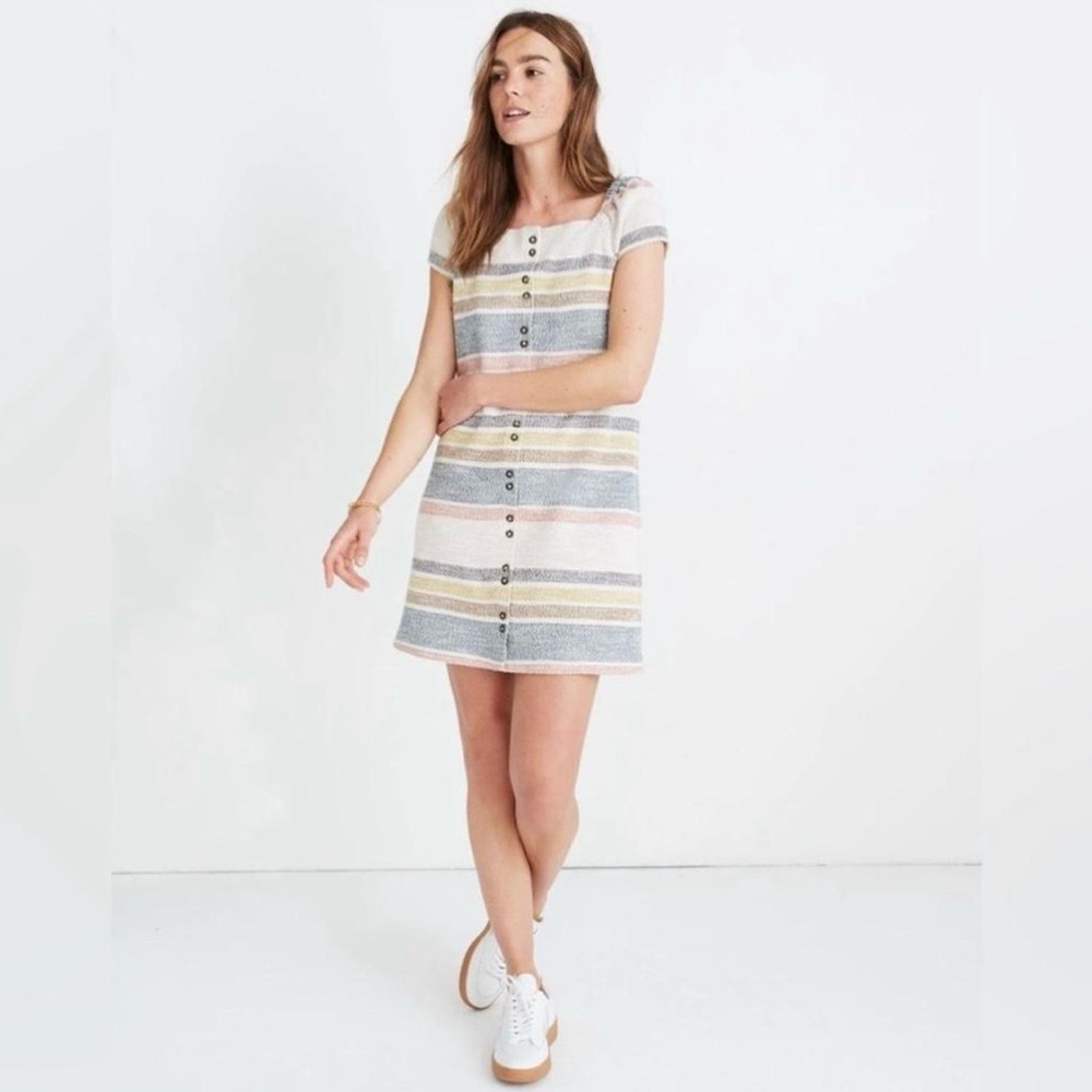 Madewell Pastel Striped Button-Front Mini Dress in Blue, Pink & Yellow